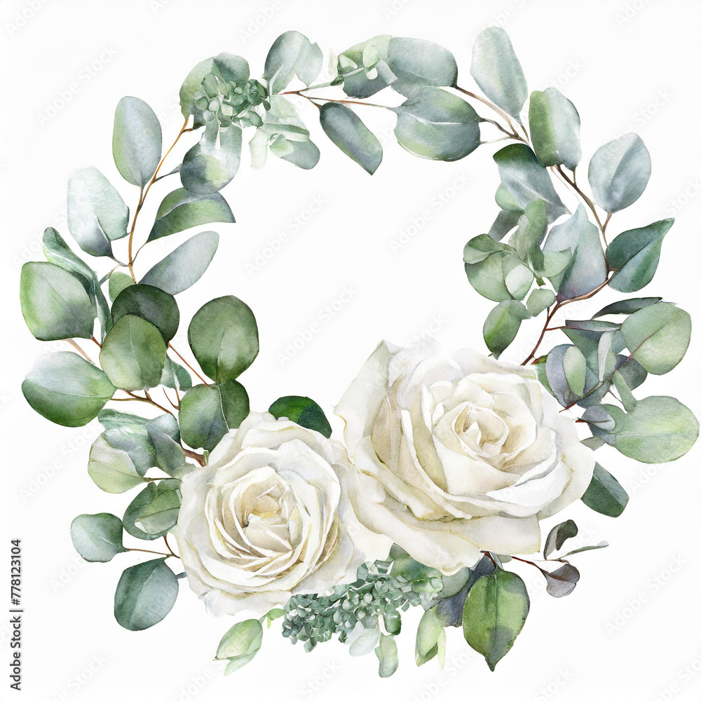 White roses and eucalyptus branches. Watercolor floral wreath. Foliage arrangement for wedding , greetings, wallpapers, fashion, fabric, home decoration