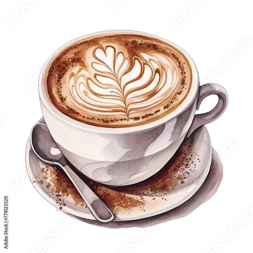 Cup of latte with detailed latte art, resting on a saucer with coffee stains