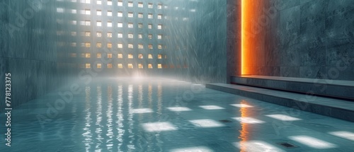 a building with a pool of water in front of it and a bright orange light coming from the side of the building.