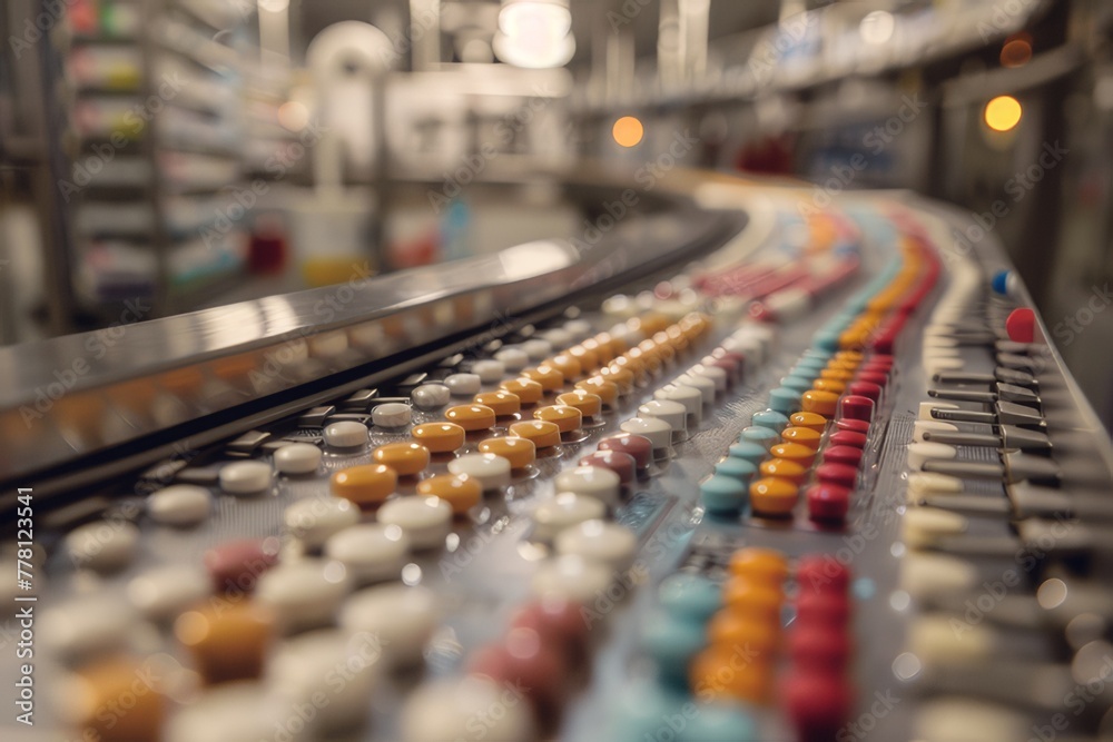 Obraz premium Describes the journey of a pill from production in a pharmaceutical laboratory to sale and dispensing at a pharmacy.