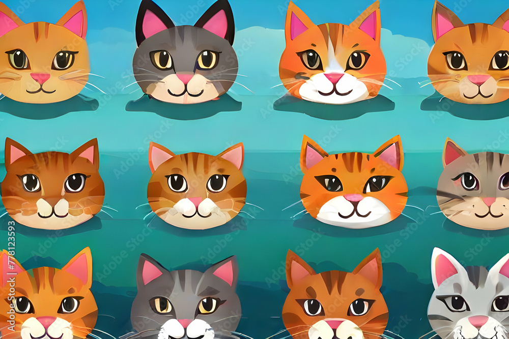 set of funny cartoon cats  pet, cute, funny, fox, animals,Ai generated 
