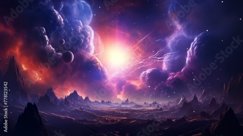 Futuristic hyper space landscape with cosmic explosions