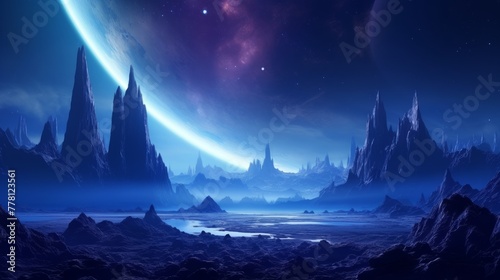 Futuristic hyper space landscape with distant planets