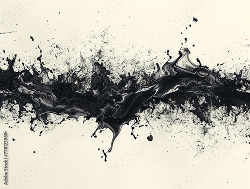 Black ink splatter, minimalist art, wide text area