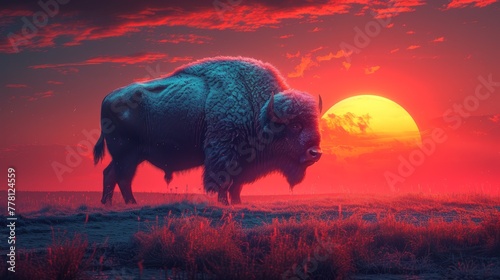 a large buffalo standing on top of a dry grass field under a red and blue sky with the sun in the background.