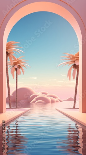 a water with palm trees and a pool