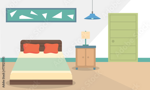 Flat Design of Bedroom with Bed Furniture Window in Fancy House