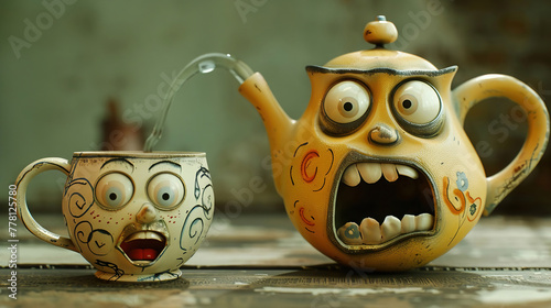 A comical scene of a teapot trying to pour tea for a reluctant cup with exaggerated facial expressions photo