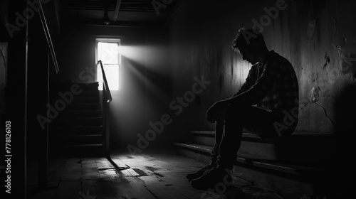 People sitting in the hallway, depression, sadness, loneliness, with light shining through the window, black and white