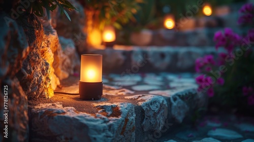 Lit Candle on Stone Walkway