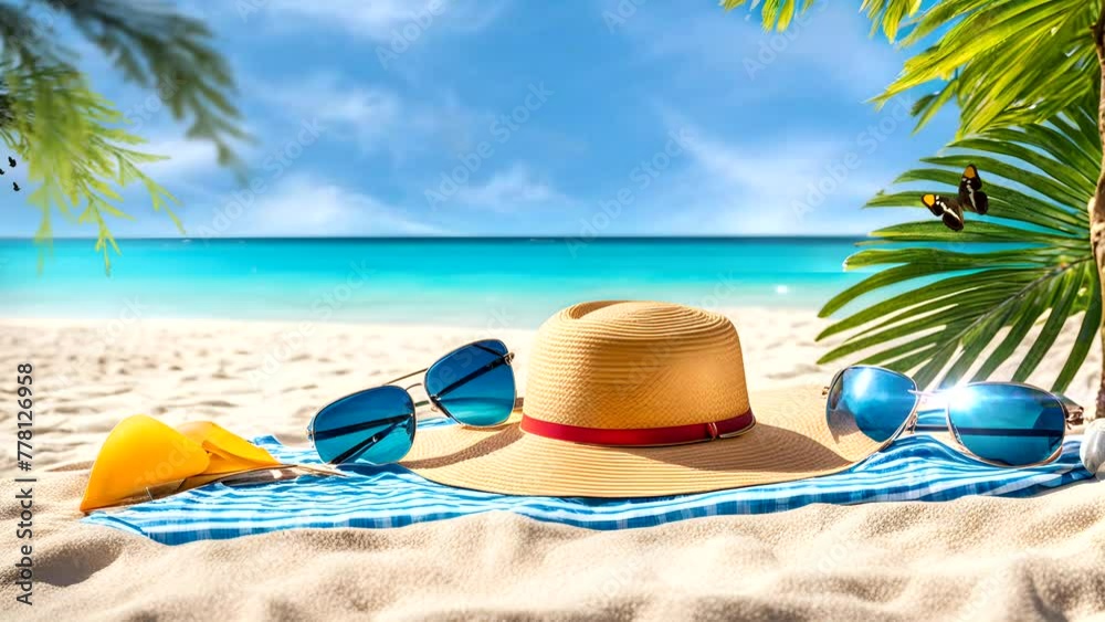 Straw hat with eyeglass in the beach Straw hat with eyeglass in the beach