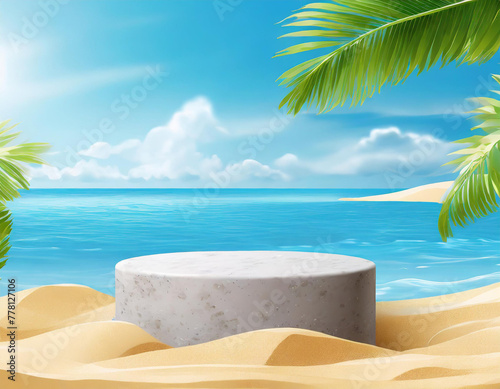 Beach podium background product summer sand display stand sea cosmetic. Product summer background podium beach sky scene presentation platform nature blue pedestal beauty water mockup stone palm