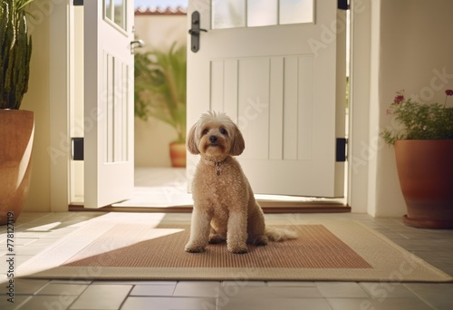 dog sits on mat at front door