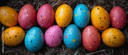 a group of colorful eggs sitting in a pile of hay and straw with sprinkles all over them.