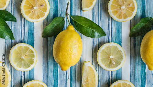 Beautiful fresh summer design with watercolor yellow lemon fruits and blue stripes on the background. Stock illustration. Ready print for textile. Seamless