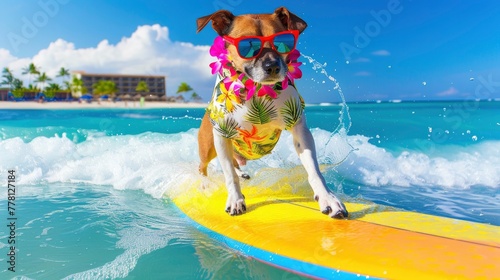 A dog with a Hawaiian shirt and sunglasses surfing in the water on a yellow surfboard under a blue sky