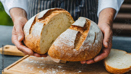Chef's hands with freshly baked fragrant bread with a crispy crust. A slice of this bread is a moment of pure culinary delight.