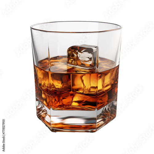 a glass of amber liquid with ice cubes
