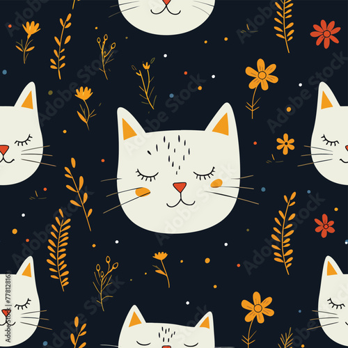 Vector Seamless Watercolor Pattern colorful Design a colorful vintage background with a cats and flowers design