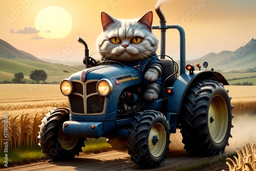 hardworking cat driving a tractor in the field, tractor driver