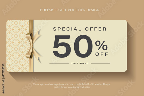 Gift voucher coupon discount with Gold ribbon Luxury modern Gold and Black, promotion for luxury hotel resort and spa travel, elegant beauty, clinic, cosmetic, e-commerce promotion, vector template
