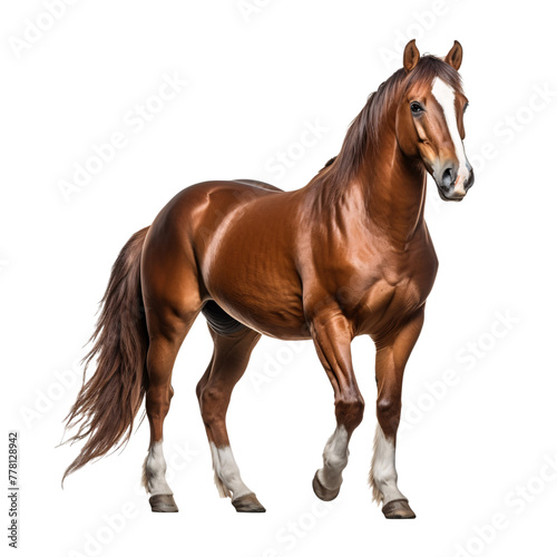 a brown horse with white feet