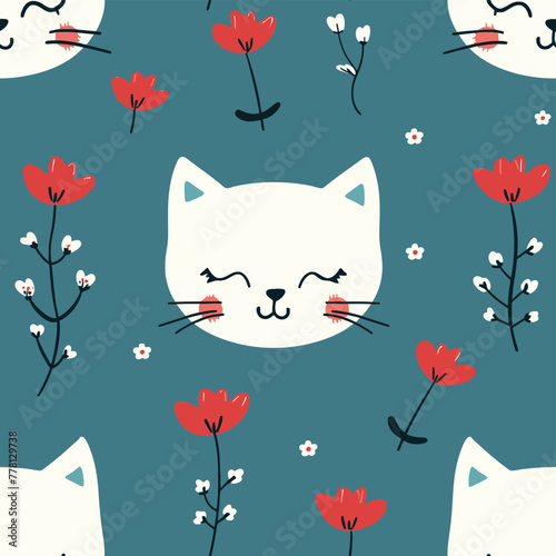 Vector Seamless Watercolor Pattern colorful Design a colorful vintage background with a cats and flowers design