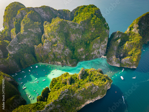 An aerial view of the small Phi Phi island in the middle of the sea