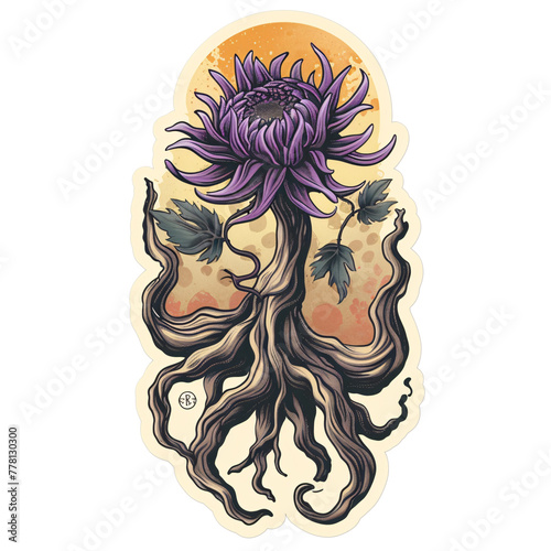 a purple flower with roots