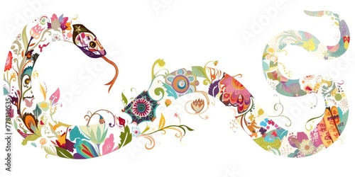 snake with a simple white background and a vibrant flowery pattern painted on its body that resembles a flowering garden