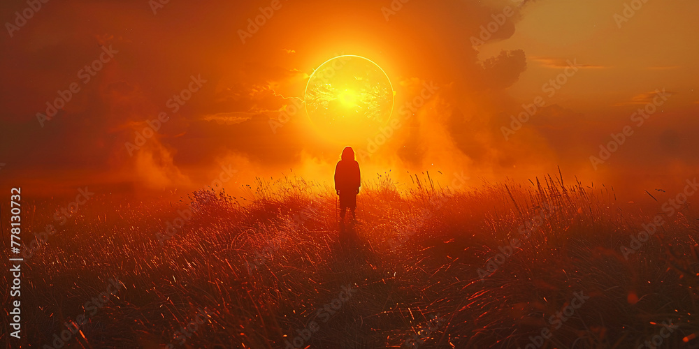 A gigantic Sun touching he horizon in a hazy sunset with all its detail exposure. AI generative A gigantic Sun touching he horizon in a hazy sunset with all its detail exposure. AI generative