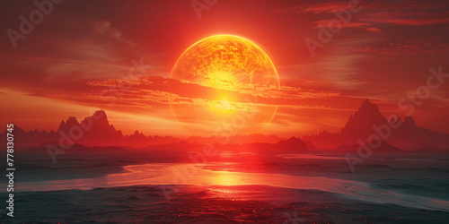 A gigantic Sun touching he horizon in a hazy sunset with all its detail exposure. AI generative