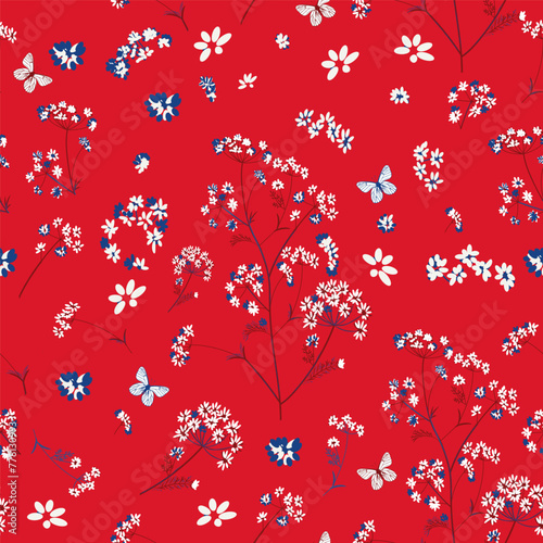 Cute rustic vector hand drawn pattern with ditsy flowers on red