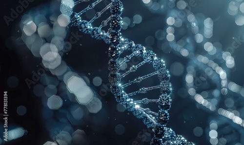 Close-up of the blue and white double helix DNA structure on a dark background