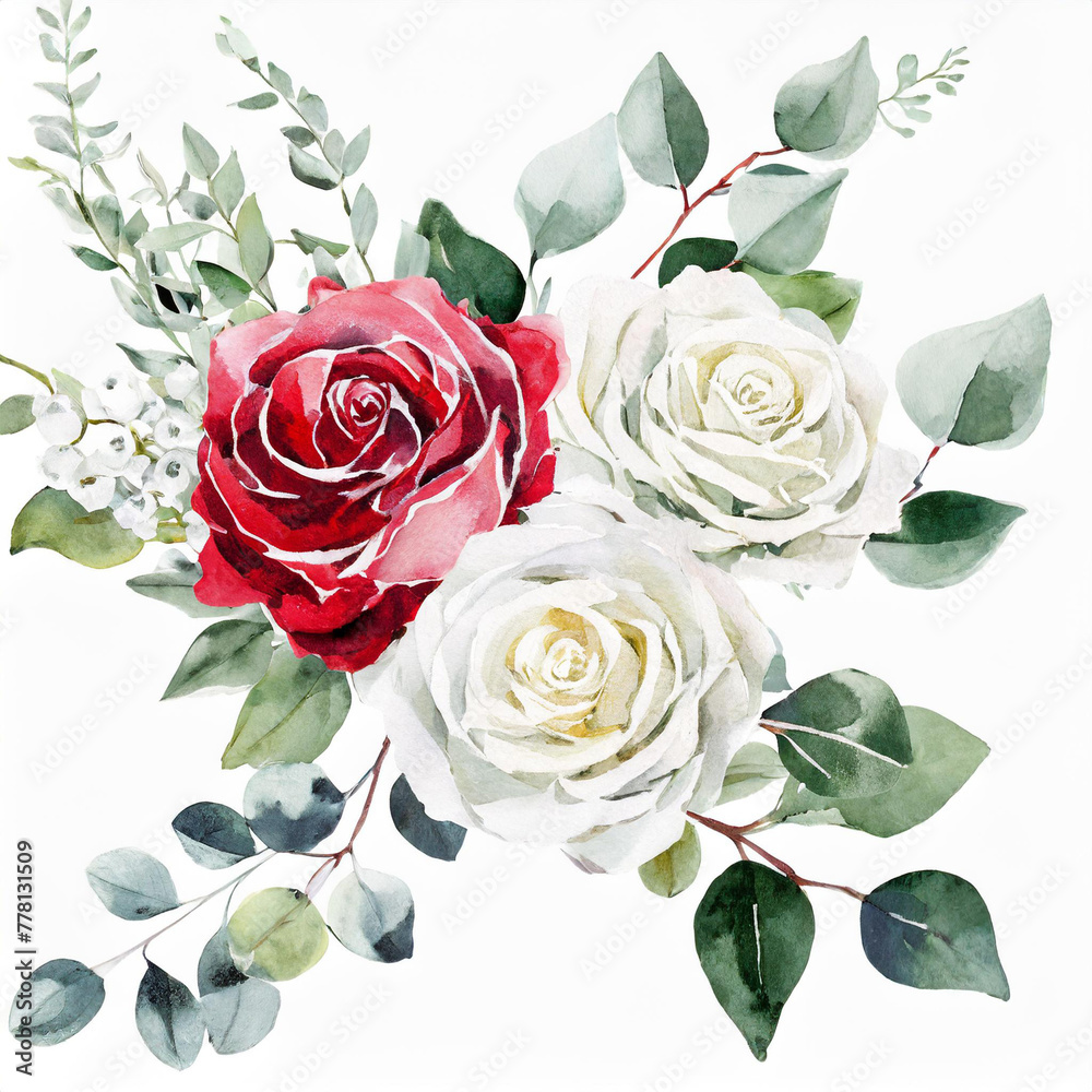 set of flower bouquets. White roses and eucalyptus branches. Wedding stationary, greetings, fashion, fabric, home decoration. Hand painted illustration; red flowers for your design