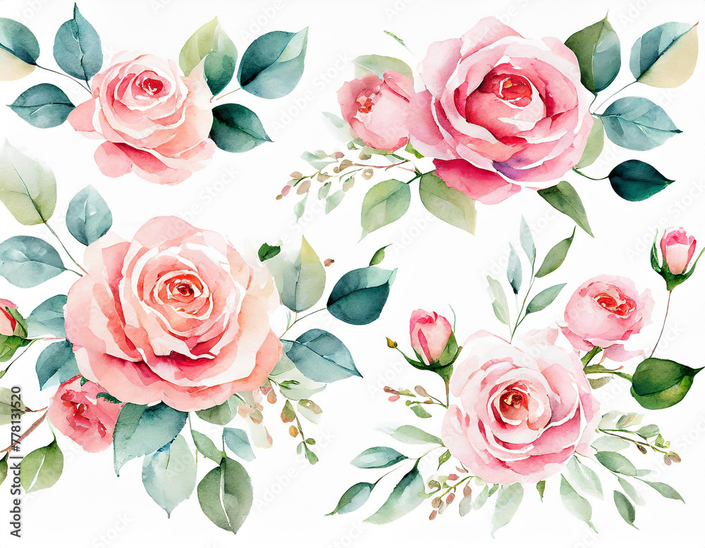 Set watercolor arrangements with garden roses. collection pink flowers, leaves, branches. Botanic illustration isolated on white background.