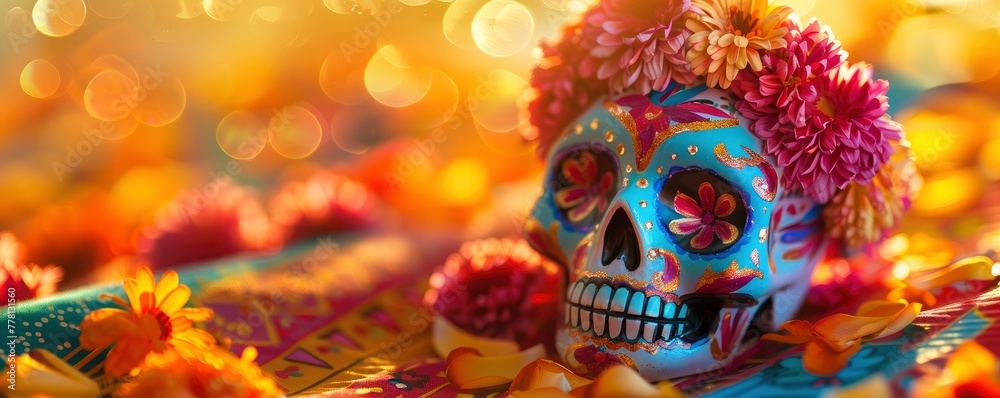 Bright skull with flower headpiece on a colorful tablecloth, a bright Day of the Dead celebration in Mexico, and warm sunset light with bokeh effect