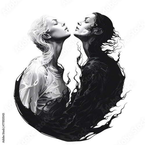 a black and white image of two women