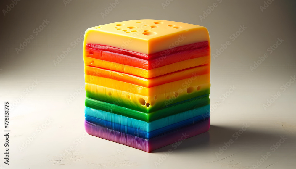 Vibrant Layered Rainbow Cheese Sculpture with Rich Color Spectrum and Swiss Texture Vibrant Layered Rainbow Cheese Sculpture with Rich Color Spectrum and Swiss Texture
