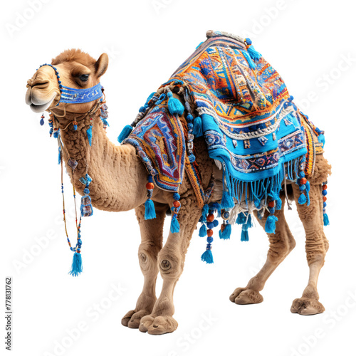 a camel with a blanket on its back
