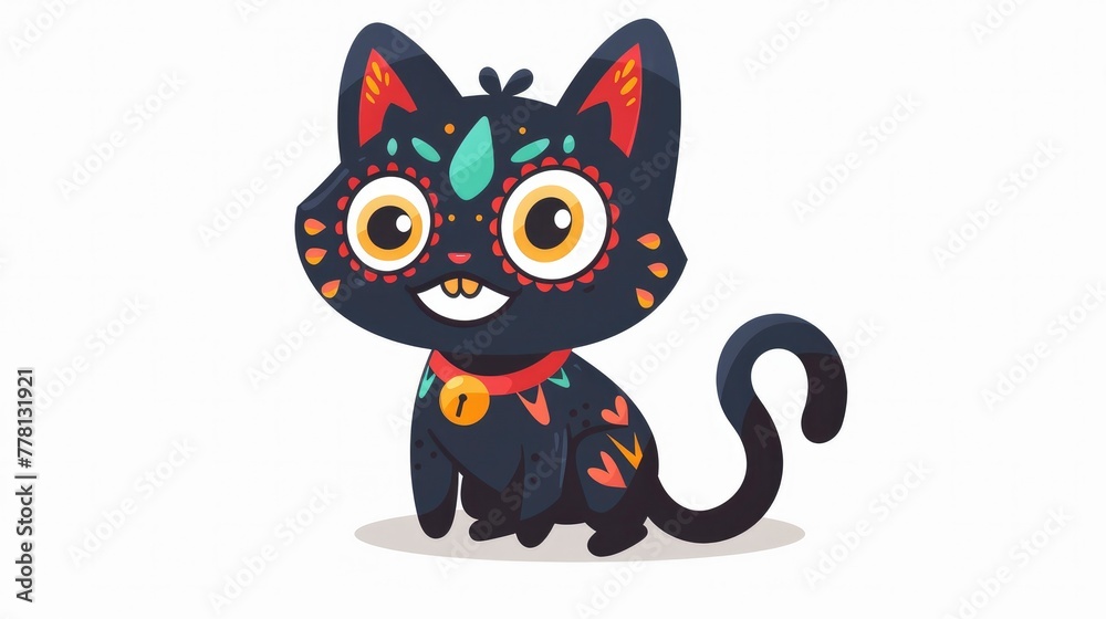 Adorable cat with a Day of the Dead mask on a white background