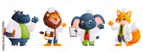 Animal doctors cartoon. Nice characters in medical uniform showing that everything is OK. Lion, Hippopotamus, elephant, fox in the form of a doctor. Vector illustration