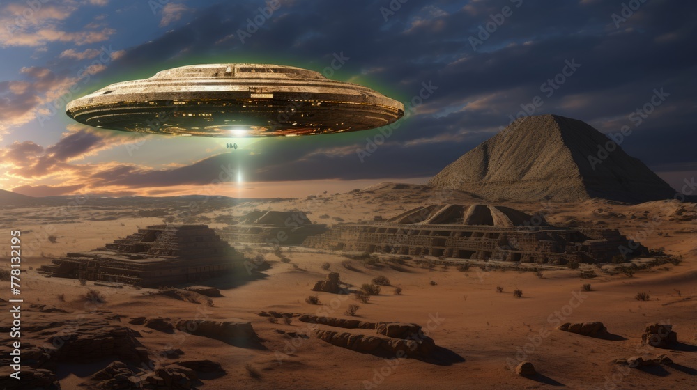 A ufo hovering above an ancient archaeological site A ufo hovering above an ancient archaeological site