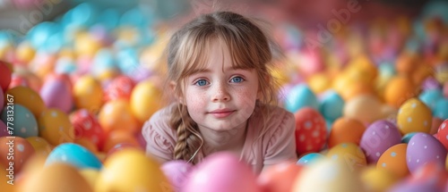 a little girl that is laying down in some kind of ball pit with a lot of eggs in front of her.