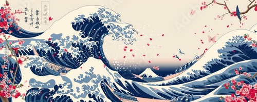 A pattern of the great wave with cherry blossoms of traditional Japanese culture photo