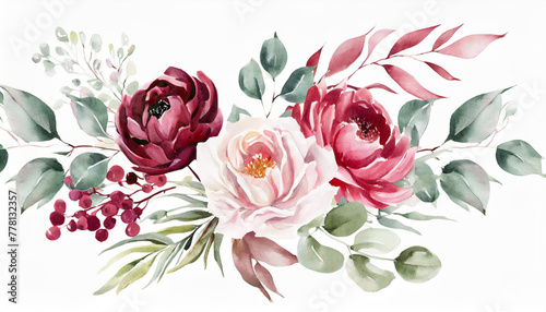 Watercolor floral border bouquet set, green leaves burgundy maroon scarlet pink peach blush white flowers leaf branches. Wedding invitations stationery wallpapers fashion prints. Eucalyptus rose