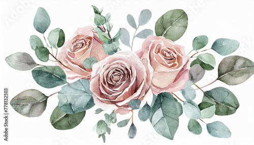 Watercolor floral bouquet. Dusty pink roses flowers and eucalyptus leaves. Foliage arrangement for wedding invitations, greetings, fashion, decoration. Hand painted illustration photo