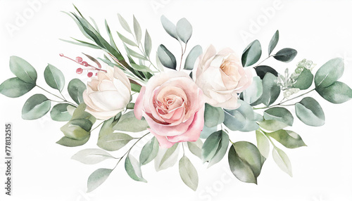 Watercolor floral bouquet with green leaves, pink peach blush white flowers leaf branches, for wedding invitations, greetings, wallpapers, fashion, prints. Eucalyptus, olive green leaves, rose