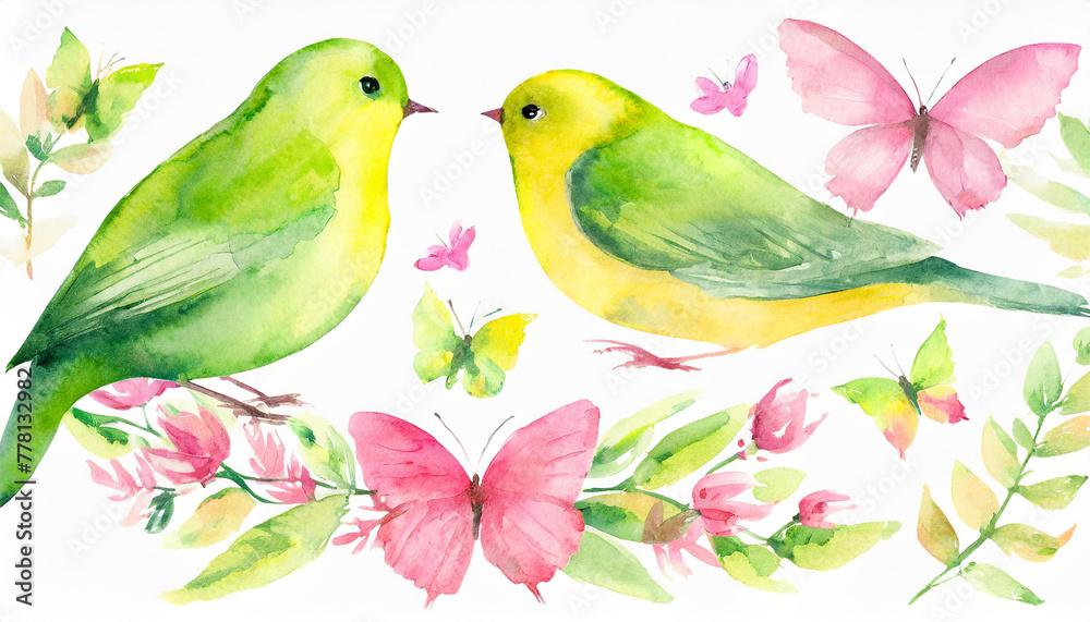 Watercolor green and yellow birds and pink butterflies. vintage set