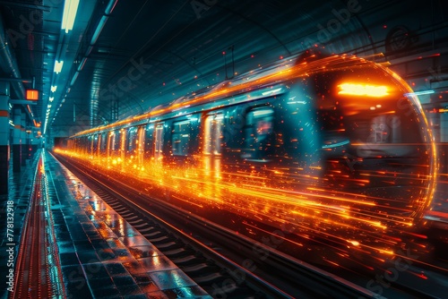 Speeding train with light trails in a subway station.